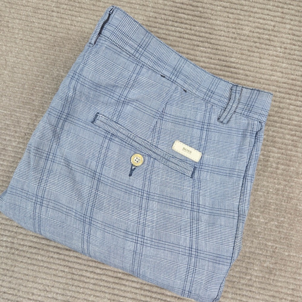 Hugo Boss Mens 36 Blue Clyde Regular Fit Glen Plaid Check Chino Shorts